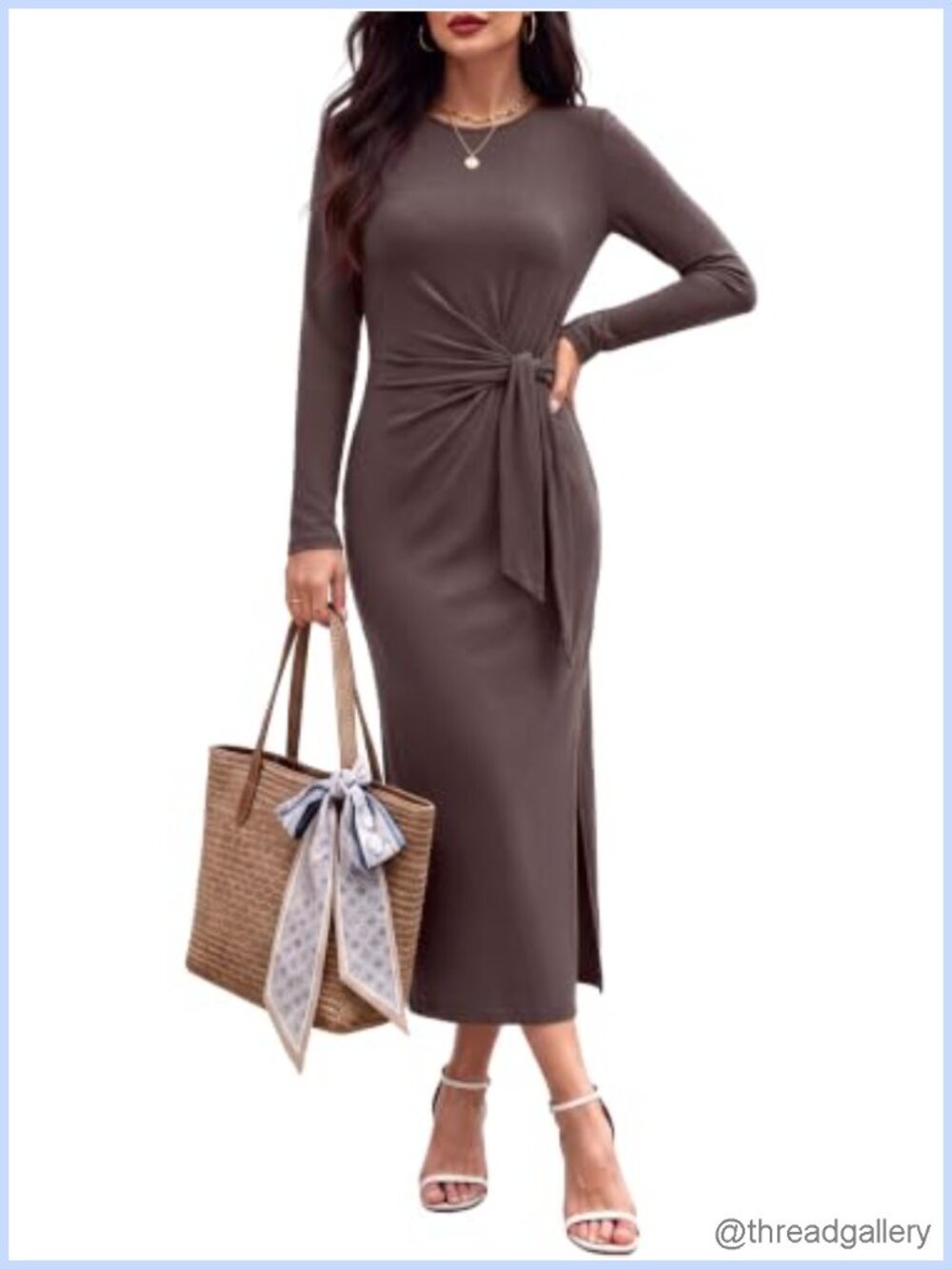 Women's Long Sleeve Tie Waist Maxi Dress Side Slit Crew Neck Casual